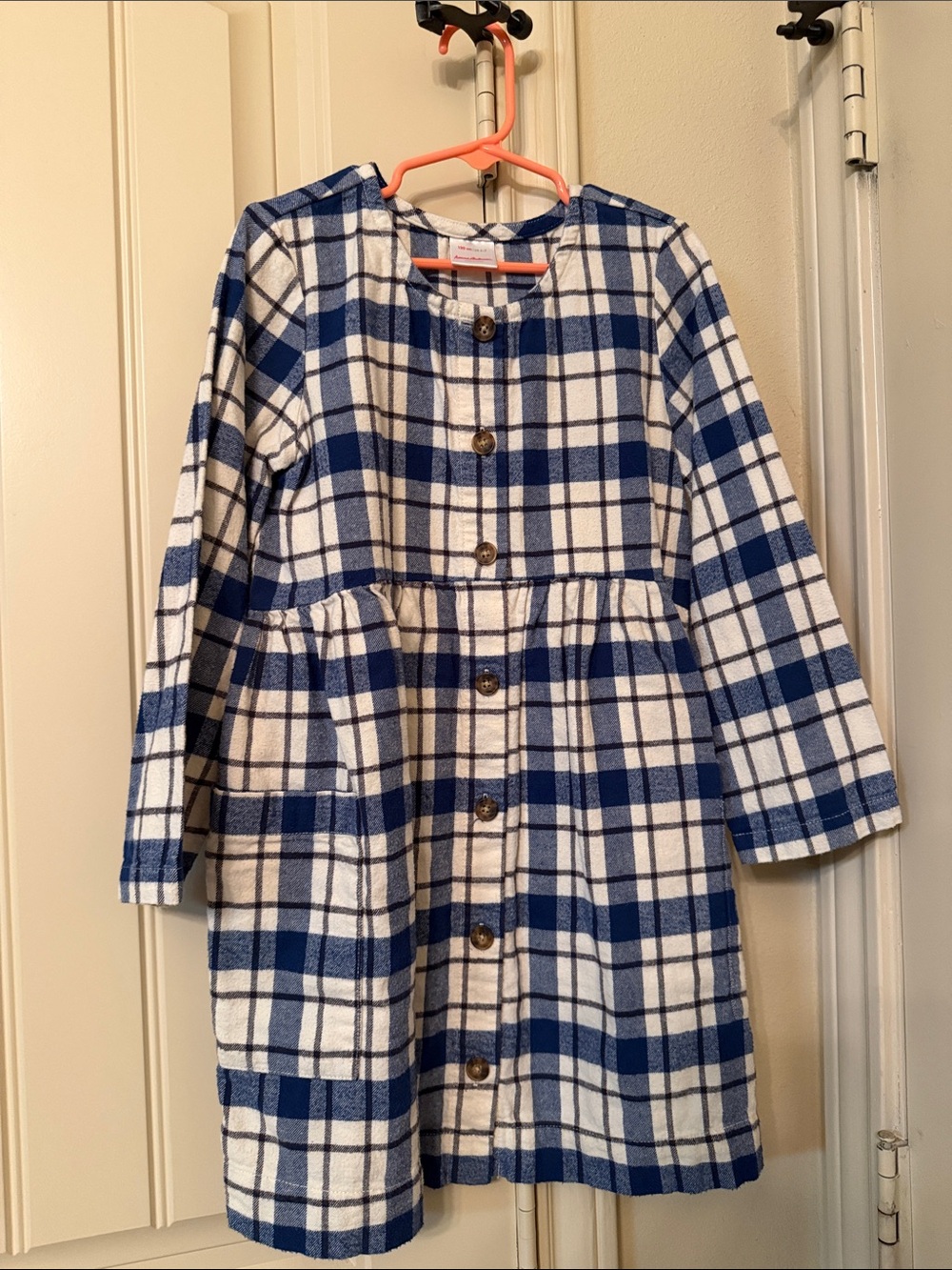 Hanna Andersson Blue and White Plaid Flannel Button-Front Dress with Pockets